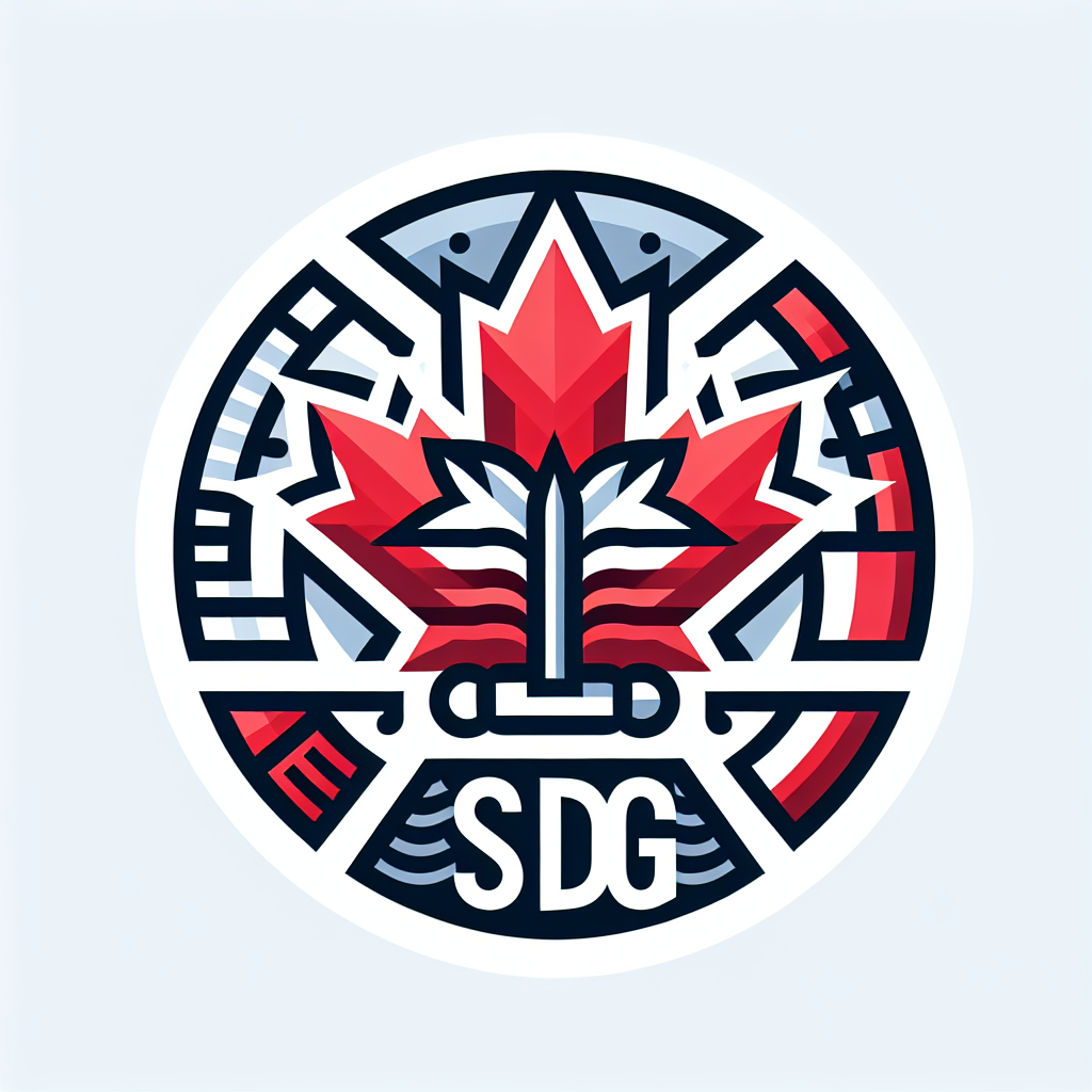 A logo for a site representing the SDG Counties in Canada [that conveys trustworthiness] [with elements of traditional newspaper design] [incorporating the colors of the Canadian flag].